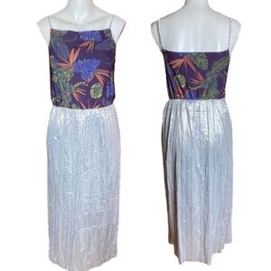 Koovs Dress Floral & Silver Lame Micro Pleated